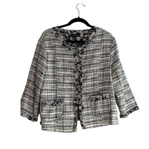 Notations Women XL Black White Tweed Open Front Jacket Ruffle Trim Grandma Core